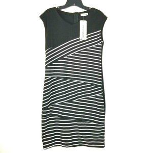 NWT FAVOLOOK Womens L Black White Striped BodyCon Dress Short Sleeve Knee Length